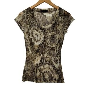 VTG Karen Kane Snake Print Brown/Beige Nylon Short Sleeve Cowl Neck Top Medium